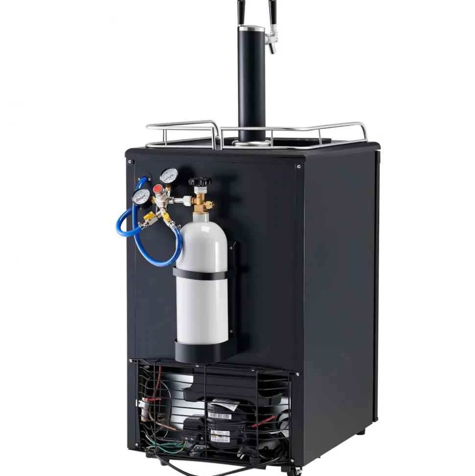 VEVOR Beer Kegerator, Dual Tap Draft Beer Dispenser, Full Size Keg Refrigerator with CO2 Cylinder, Shelves, Drip Tray & Rail, 32°F- 50°F Temperature Control, Hold 1/6, 1/4, 1/2 Barrels, Black