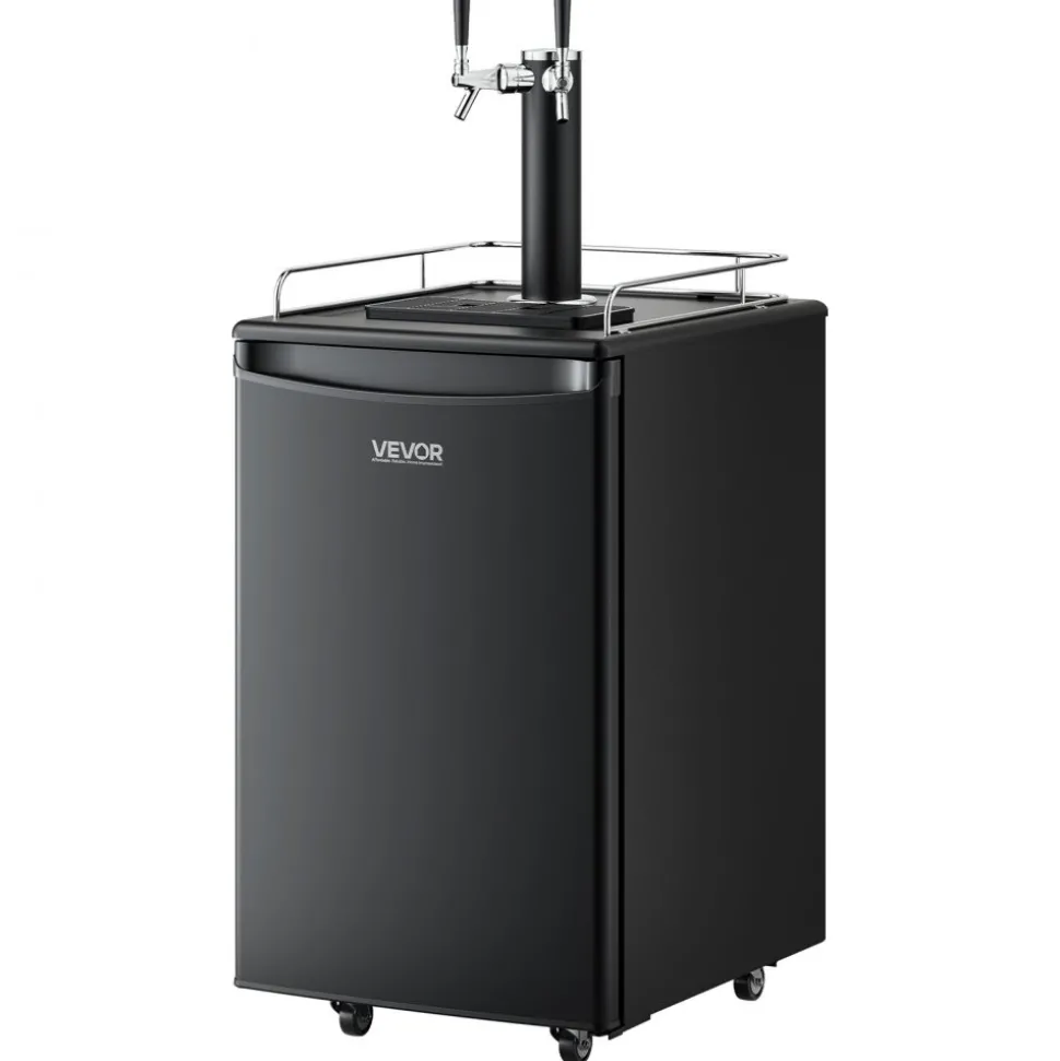 VEVOR Beer Kegerator, Dual Tap Draft Beer Dispenser, Full Size Keg Refrigerator with CO2 Cylinder, Shelves, Drip Tray & Rail, 32°F- 50°F Temperature Control, Hold 1/6, 1/4, 1/2 Barrels, Black