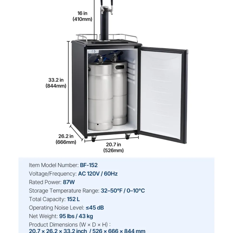 VEVOR Beer Kegerator, Dual Tap Draft Beer Dispenser, Full Size Keg Refrigerator with CO2 Cylinder, Shelves, Drip Tray & Rail, 32°F- 50°F Temperature Control, Hold 1/6, 1/4, 1/2 Barrels, Black