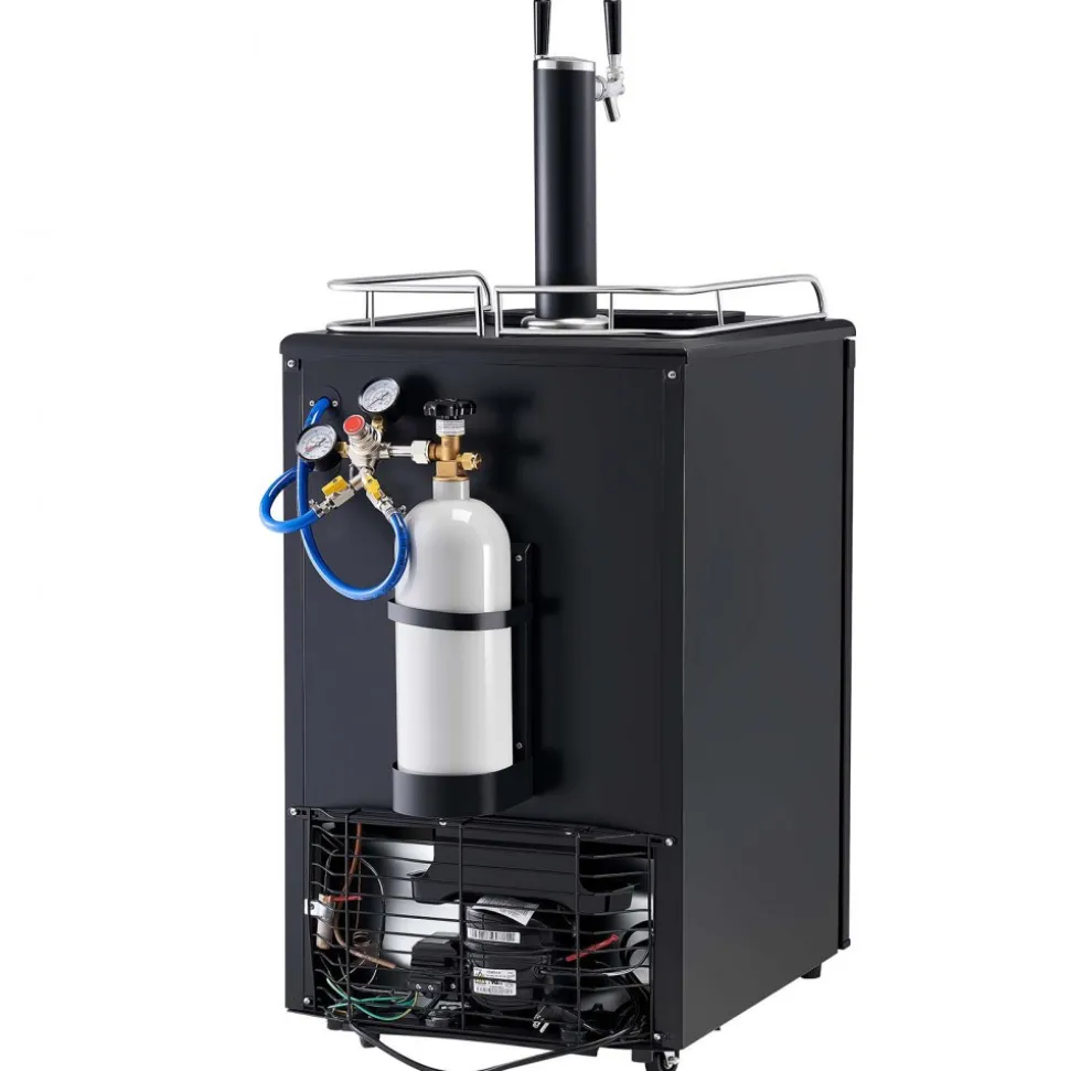 VEVOR Beer Kegerator, Dual Tap Draft Beer Dispenser, Full Size Keg Refrigerator with CO2 Cylinder, Shelves, Drip Tray & Rail, 32°F- 50°F Temperature Control, Hold 1/6, 1/4, 1/2 Barrels, Black