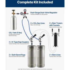 VEVOR Beer Kegerator, Dual Tap Draft Beer Dispenser, Full Size Keg Refrigerator with CO2 Cylinder, Shelves, Drip Tray & Rail, 32°F- 50°F Temperature Control, Hold 1/6, 1/4, 1/2 Barrels, Black