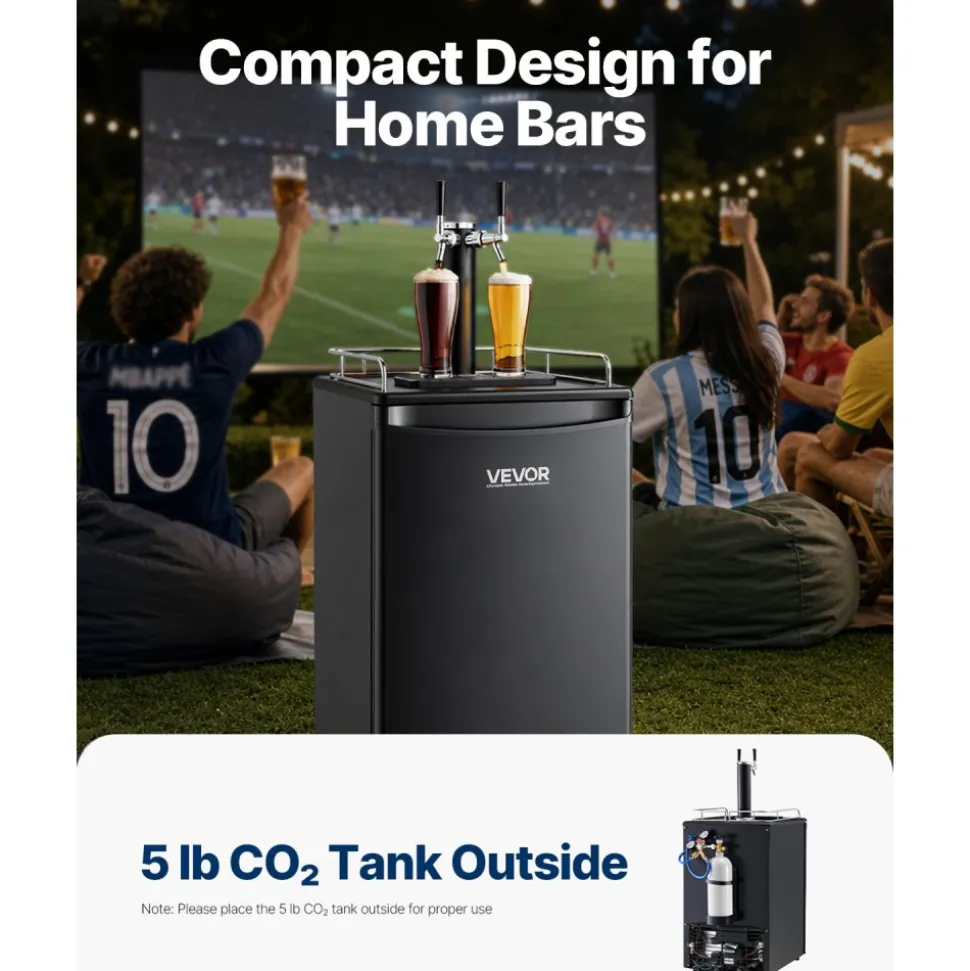 VEVOR Beer Kegerator, Dual Tap Draft Beer Dispenser, Full Size Keg Refrigerator with CO2 Cylinder, Shelves, Drip Tray & Rail, 32°F- 50°F Temperature Control, Hold 1/6, 1/4, 1/2 Barrels, Black
