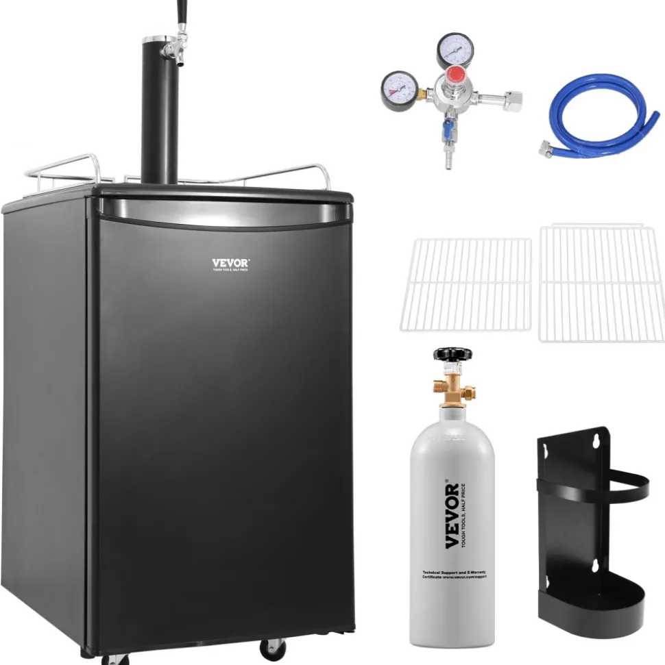 VEVOR Beer Kegerator, Single Tap Draft Beer Dispenser, Full Size Keg Refrigerator with Shelves, CO2 Cylinder, Drip Tray & Rail, 32°F- 50°F Temperature Control, Holds 1/6, 1/4, 1/2 Barrels, Black