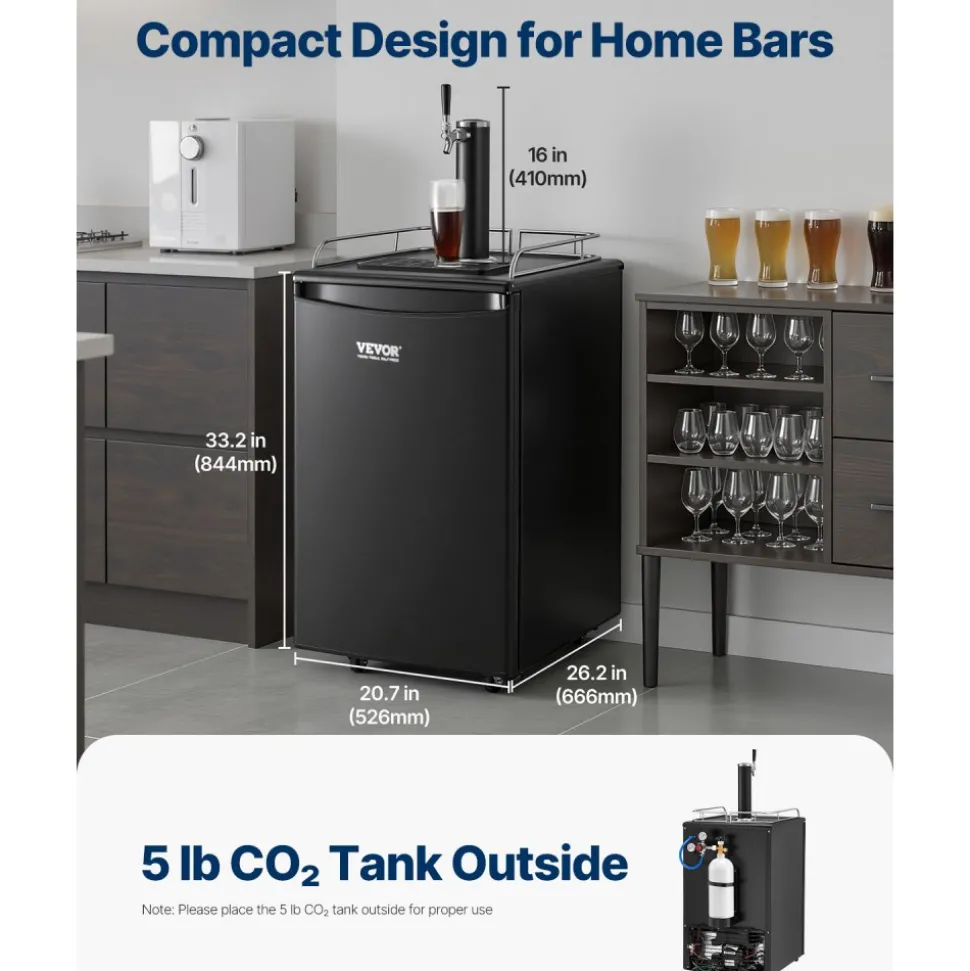 VEVOR Beer Kegerator, Single Tap Draft Beer Dispenser, Full Size Keg Refrigerator with Shelves, CO2 Cylinder, Drip Tray & Rail, 32°F- 50°F Temperature Control, Holds 1/6, 1/4, 1/2 Barrels, Black