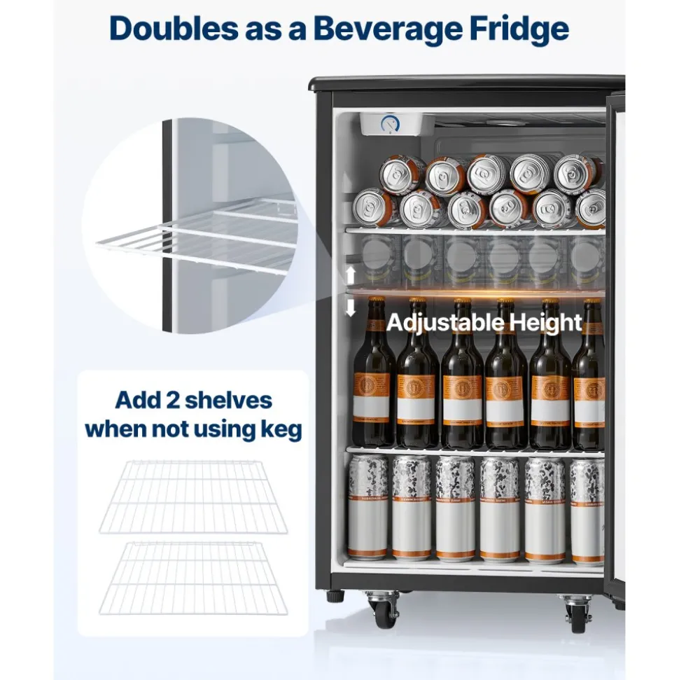 VEVOR Beer Kegerator, Single Tap Draft Beer Dispenser, Full Size Keg Refrigerator with Shelves, CO2 Cylinder, Drip Tray & Rail, 32°F- 50°F Temperature Control, Holds 1/6, 1/4, 1/2 Barrels, Black