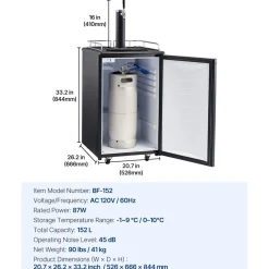 VEVOR Beer Kegerator, Single Tap Draft Beer Dispenser, Full Size Keg Refrigerator with Shelves, CO2 Cylinder, Drip Tray & Rail, 32°F- 50°F Temperature Control, Holds 1/6, 1/4, 1/2 Barrels, Black