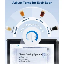 VEVOR Beer Kegerator, Single Tap Draft Beer Dispenser, Full Size Keg Refrigerator with Shelves, CO2 Cylinder, Drip Tray & Rail, 32°F- 50°F Temperature Control, Holds 1/6, 1/4, 1/2 Barrels, Black