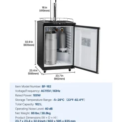 VEVOR Beer Kegerator, Single Tap Draft Beer Dispenser, Full Size Keg Refrigerator With Shelf, CO2 Tank(No Gas), Drip Tray & Rail, 23°F- 82.4°F Temperature Control, 162L, Silver