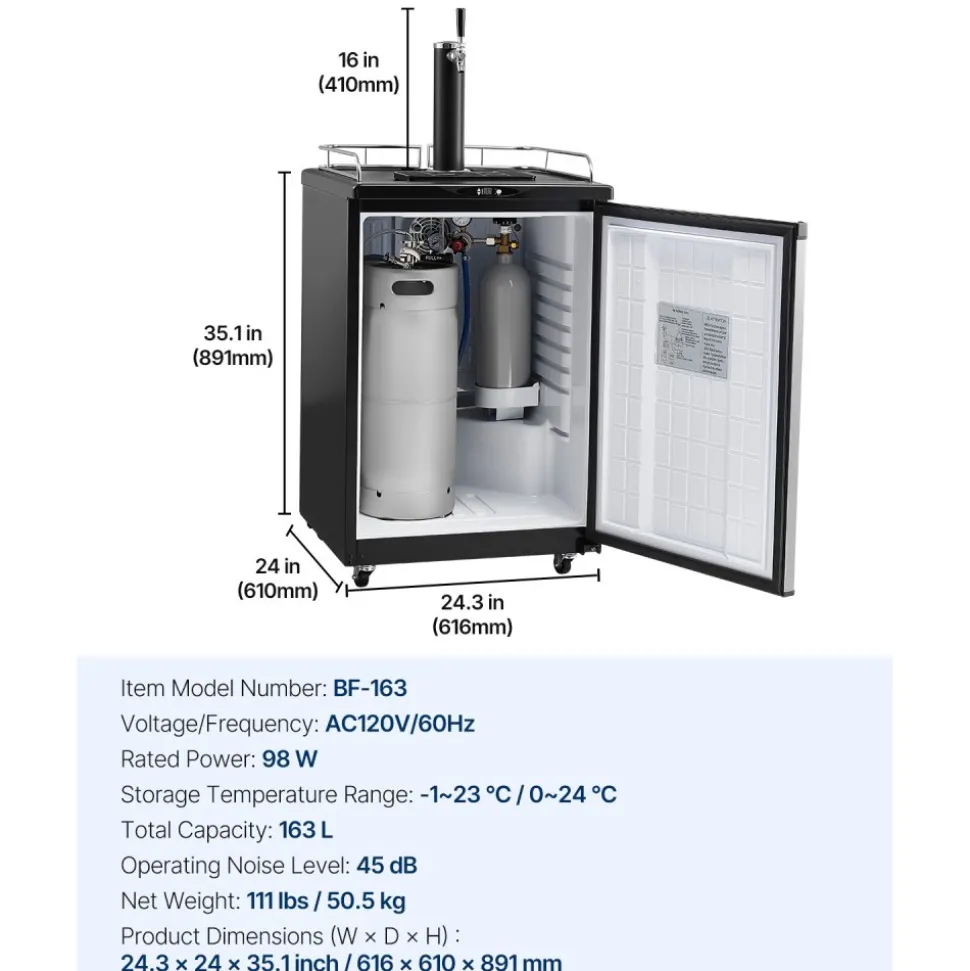 VEVOR Beer Kegerator, Single Tap Draft Beer Dispenser, Full Size Keg Refrigerator With Shelves, CO2 Cylinder, Drip Tray & Rail, 32°F- 75.2°F Temperature Control, Holds 1/6, 1/4, 1/2 Barrels, Silver