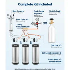 VEVOR Beer Kegerator, Triple Tap Home Draft Beer Dispenser for Ball Lock, Full Size Keg Refrigerator with 5lbs CO2 Tank, Hold 2 Sixth / 2 Slim / 3 Ball lock keg, 162L
