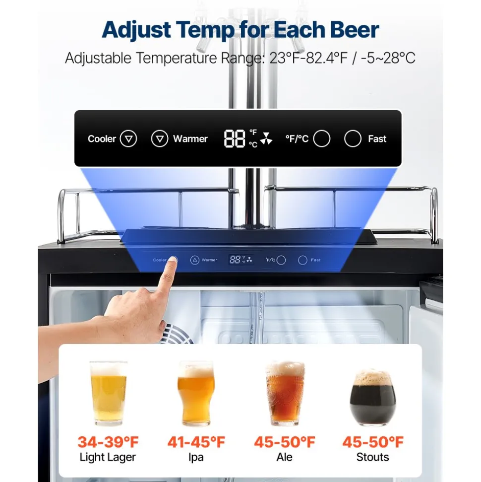 VEVOR Beer Kegerator, Triple Tap Home Draft Beer Dispenser for Ball Lock, Full Size Keg Refrigerator with 5lbs CO2 Tank, Hold 2 Sixth / 2 Slim / 3 Ball lock keg, 162L