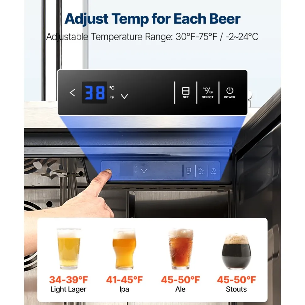 VEVOR Beer Kegerator, Triple Tap Commercial Draft Beer Dispenser for D system, Full Size Keg Refrigerator with 5lbs CO2 Tank, Hold 3 Sixth / 2 Slim / 3 Ball lock keg, 160L