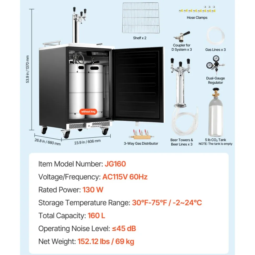 VEVOR Beer Kegerator, Triple Tap Commercial Draft Beer Dispenser for D system, Full Size Keg Refrigerator with 5lbs CO2 Tank, Hold 3 Sixth / 2 Slim / 3 Ball lock keg, 160L