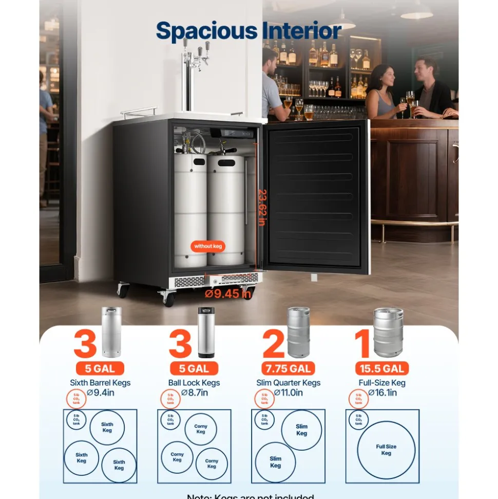 VEVOR Beer Kegerator, Triple Tap Commercial Draft Beer Dispenser for D system, Full Size Keg Refrigerator with 5lbs CO2 Tank, Hold 3 Sixth / 2 Slim / 3 Ball lock keg, 160L