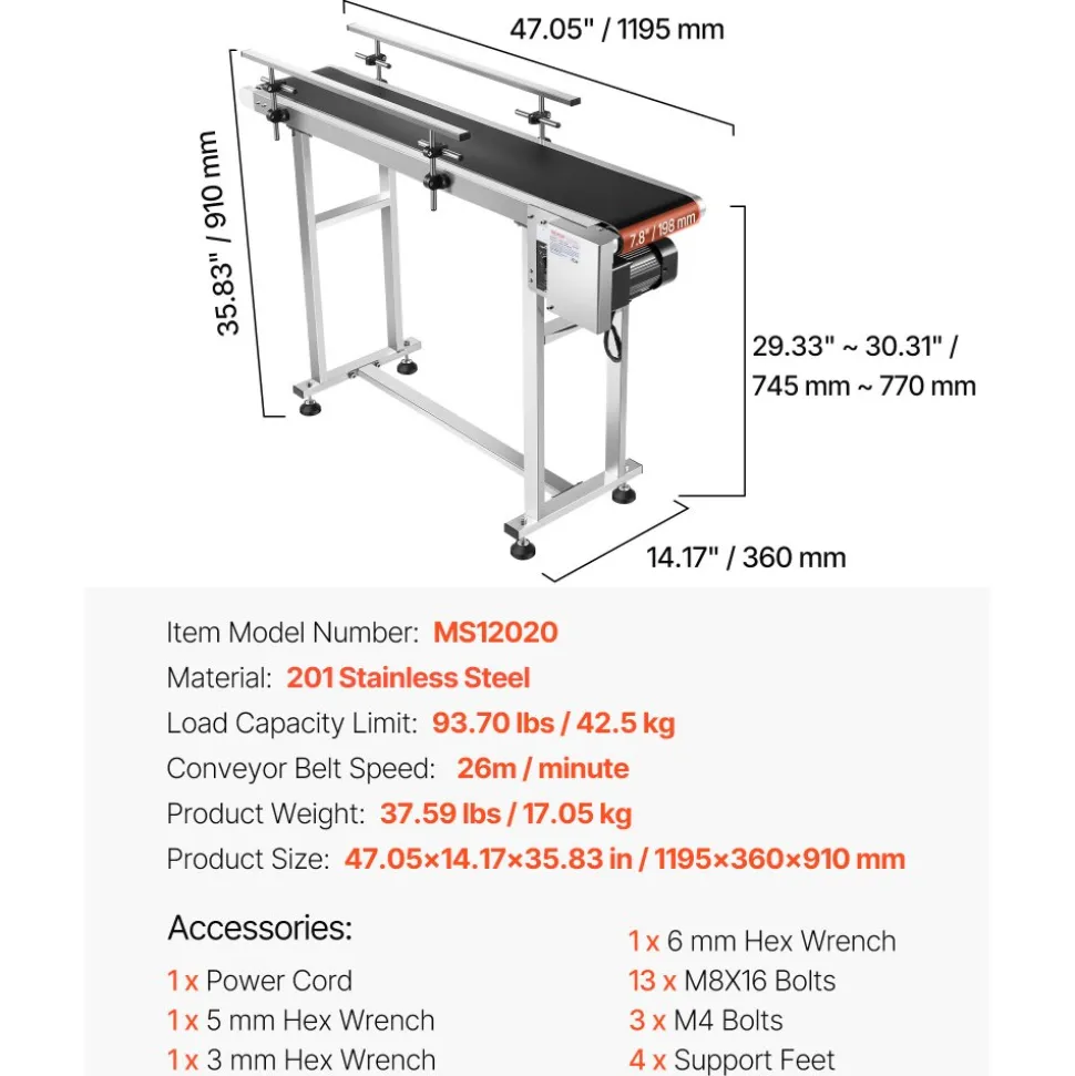 VEVOR Belt Conveyor, 47 x 7.8 inch Conveyor Table, Heavy Duty Stainless Steel Motorized Belt Conveyor for Inkjet Coding Applications Powered PVC Belt Anti-Static Adjustable Speed (Double Guardrail)