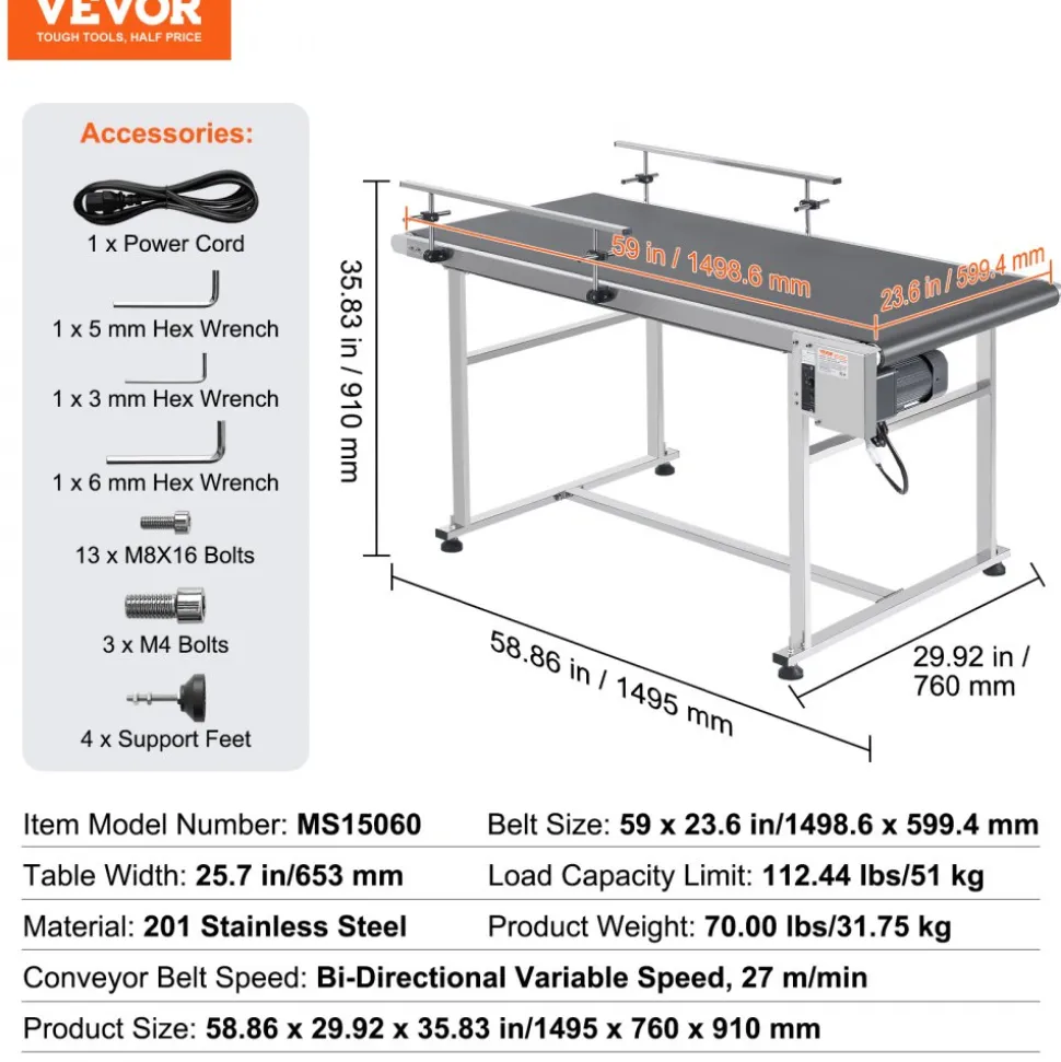 VEVOR Belt Conveyor, 59 x 23.6 inch Conveyor Table, Heavy Duty Stainless Steel Motorized Belt Conveyor for Inkjet Coding Applications Powered PVC Belt Anti-Static Adjustable Speed (Double Guardrail)