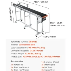 VEVOR Belt Conveyor, 71 x 7.8 inch Conveyor Table, Heavy Duty Stainless Steel Motorized Belt Conveyor for Inkjet Coding Applications Powered PVC Belt Anti-Static Adjustable Speed (Double Guardrail)