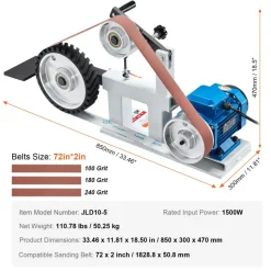 VEVOR Belt Grinder Sander, 72 x 2-Inch Variable Speed Belt Polisher with VFD, 1500W 2HP Polishing Grinding Machine with 3 Grinding Moulds & 3PCS Sanding Belts for Metalworking, Knife Making