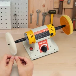 VEVOR Bench Buffer Polisher, 1/2HP Polishing and Buffing Machine, 0 to 8000RPM Benchtop Polisher with 2PCS 4" Cotton Wheel, 3PCS 3" Abrasive Fiber Wheels & Polishing Compound for Metal Jewelry Wood