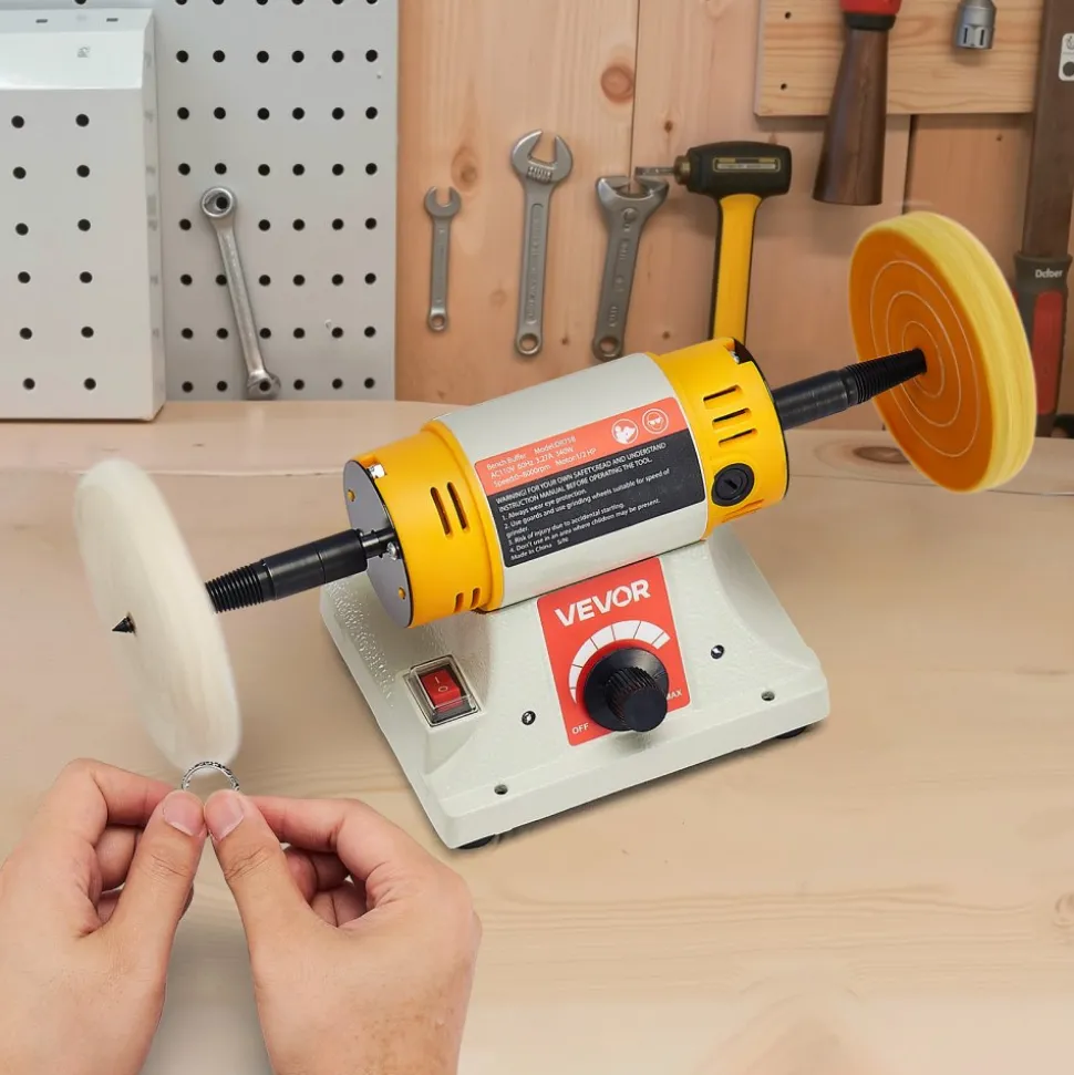 VEVOR Bench Buffer Polisher, 1/2HP Polishing and Buffing Machine, 0 to 8000RPM Benchtop Polisher with 2PCS 4" Cotton Wheel, 3PCS 3" Abrasive Fiber Wheels & Polishing Compound for Metal Jewelry Wood