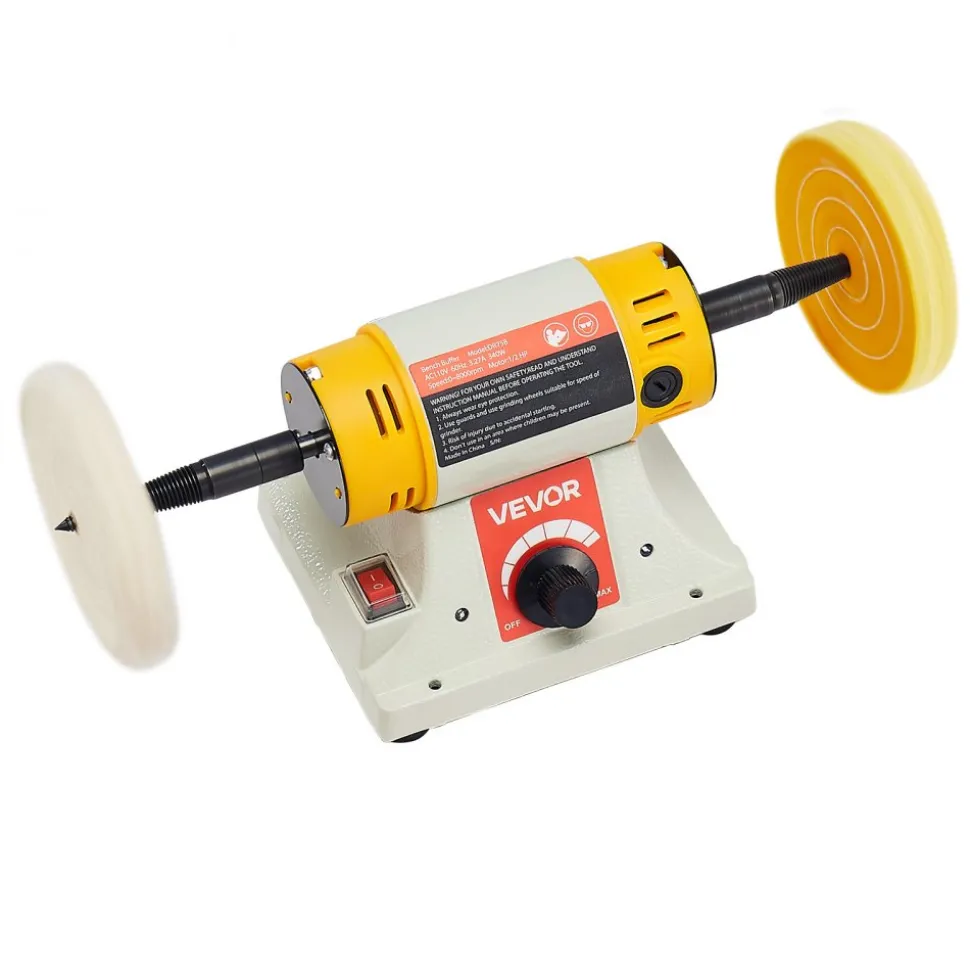 VEVOR Bench Buffer Polisher, 1/2HP Polishing and Buffing Machine, 0 to 8000RPM Benchtop Polisher with 2PCS 4" Cotton Wheel, 3PCS 3" Abrasive Fiber Wheels & Polishing Compound for Metal Jewelry Wood