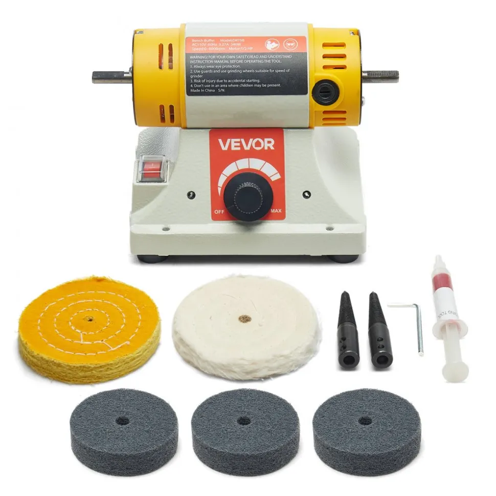 VEVOR Bench Buffer Polisher, 1/2HP Polishing and Buffing Machine, 0 to 8000RPM Benchtop Polisher with 2PCS 4" Cotton Wheel, 3PCS 3" Abrasive Fiber Wheels & Polishing Compound for Metal Jewelry Wood