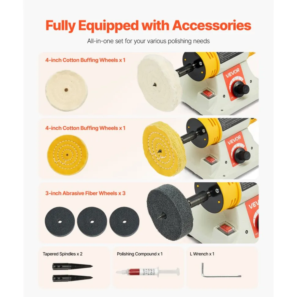 VEVOR Bench Buffer Polisher, 1/2HP Polishing and Buffing Machine, 0 to 8000RPM Benchtop Polisher with 2PCS 4" Cotton Wheel, 3PCS 3" Abrasive Fiber Wheels & Polishing Compound for Metal Jewelry Wood