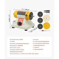 VEVOR Bench Buffer Polisher, 1/2HP Polishing and Buffing Machine, 0 to 8000RPM Benchtop Polisher with 2PCS 4
