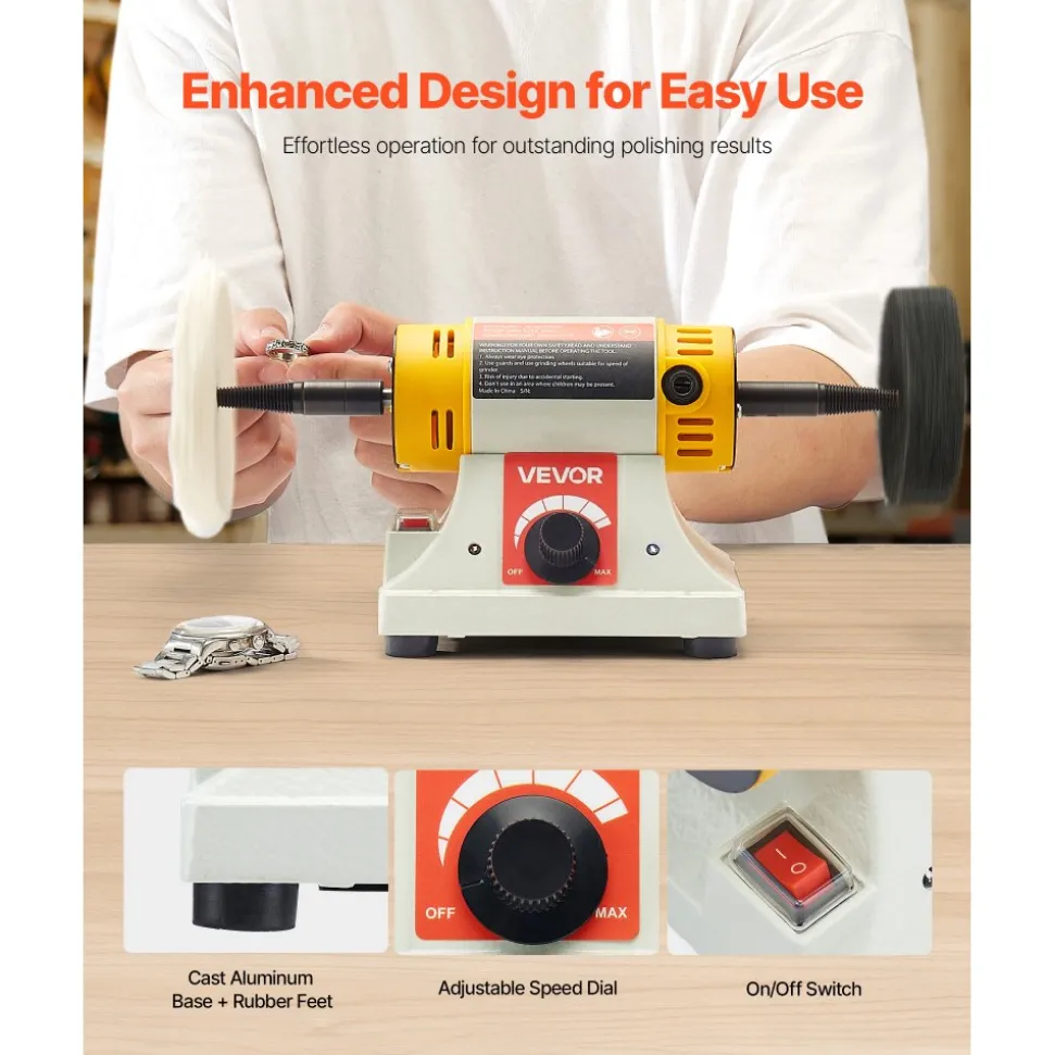 VEVOR Bench Buffer Polisher, 1/2HP Polishing Buffing Machine, 0 to 8000RPM Benchtop Polisher Grinder with 4" Cloth Wheel, 3" Grinding Wheel & 3" Fiber Wheel for Metal, Jewelry, Wood and Plastic
