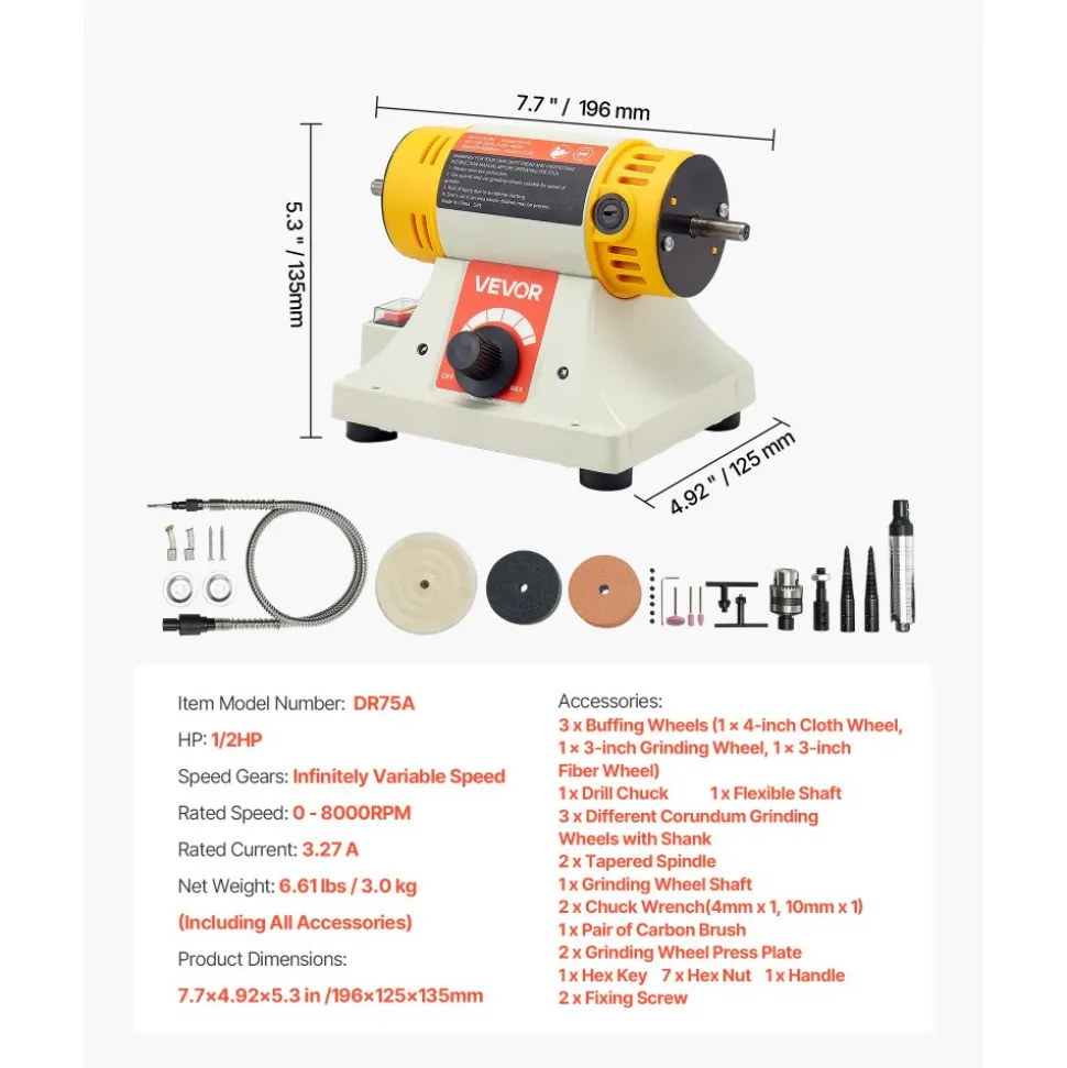 VEVOR Bench Buffer Polisher, 1/2HP Polishing Buffing Machine, 0 to 8000RPM Benchtop Polisher Grinder with 4" Cloth Wheel, 3" Grinding Wheel & 3" Fiber Wheel for Metal, Jewelry, Wood and Plastic