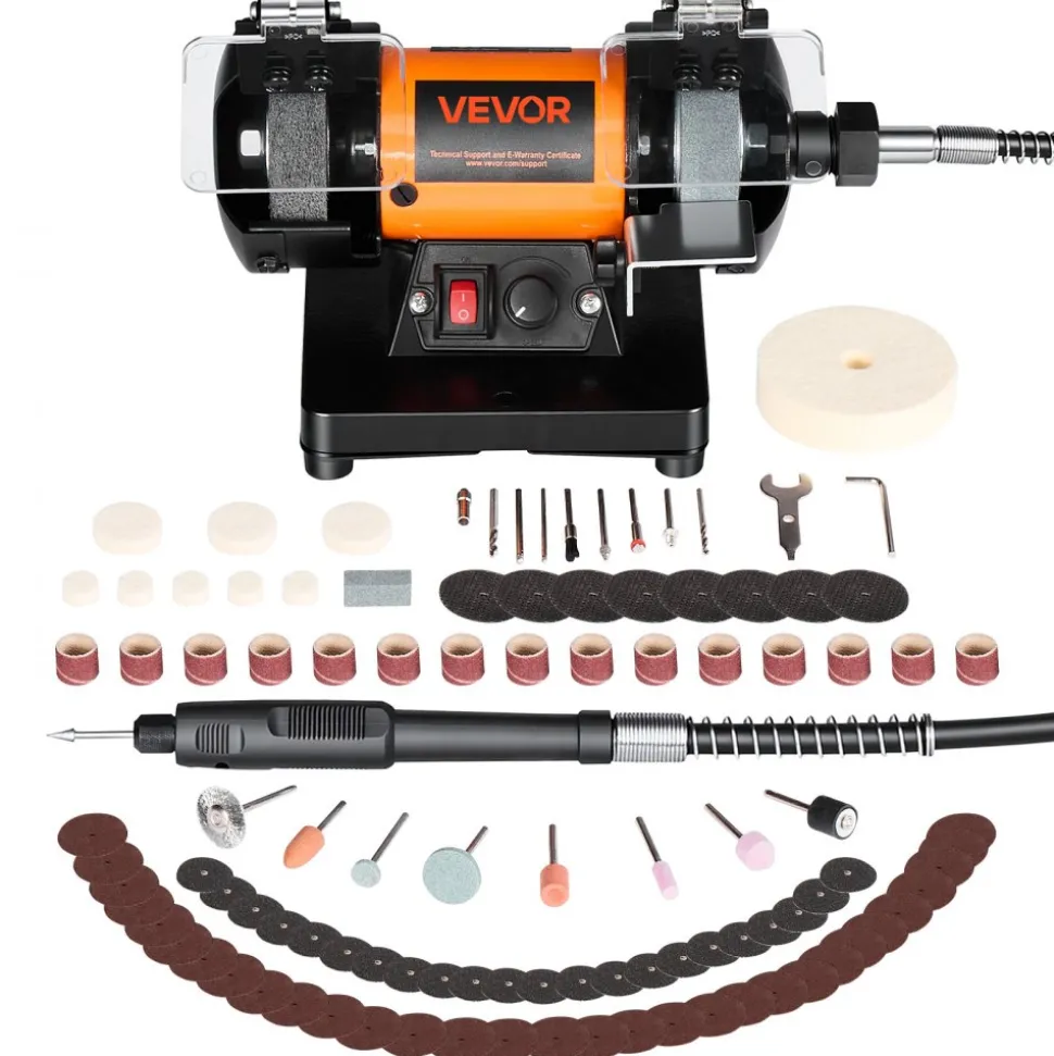VEVOR Bench Buffer Polisher, 8300-10600 RPM Adjustable Speed, Polishing & Buffing Machine with Grinding, Fiber, and Wool Wheels, 100-Piece Accessory Kit, for Jewelry, Wood, Metal, Raw Stone, Jade DIY