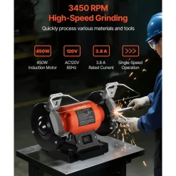 VEVOR Bench Grinder, 6-inch Single Speed Bench Grinder, 3450RPM High-Speed Table Grinders with 250W 2.1A Induction Motor, 36/60-Grit Grinding Wheels & LED Work Light for Fast Sharpening Grinding