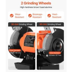 VEVOR Bench Grinder, 6-inch Single Speed Bench Grinder, 3450RPM High-Speed Table Grinders with 250W 2.1A Induction Motor, 36/60-Grit Grinding Wheels & LED Work Light for Fast Sharpening Grinding