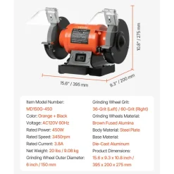 VEVOR Bench Grinder, 6-inch Single Speed Bench Grinder, 3450RPM High-Speed Table Grinders with 250W 2.1A Induction Motor, 36/60-Grit Grinding Wheels & LED Work Light for Fast Sharpening Grinding