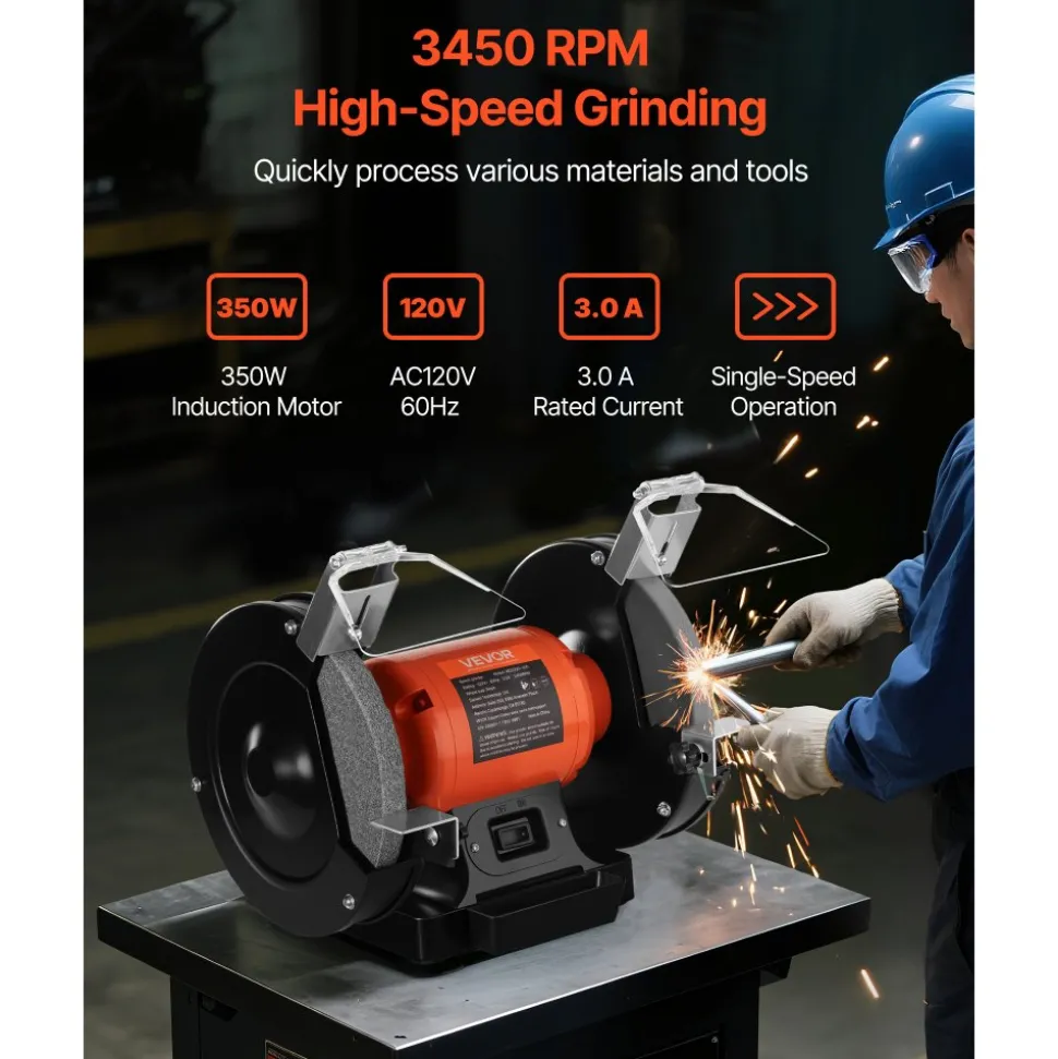 VEVOR Bench Grinder, 8-inch Single Speed Bench Grinder, 3450RPM High-Speed Table Grinders with 350W 3.0A Induction Motor, 36/60-Grit Grinding Wheel & Adjustable Eye Shield for Fast Sharpening Grinding