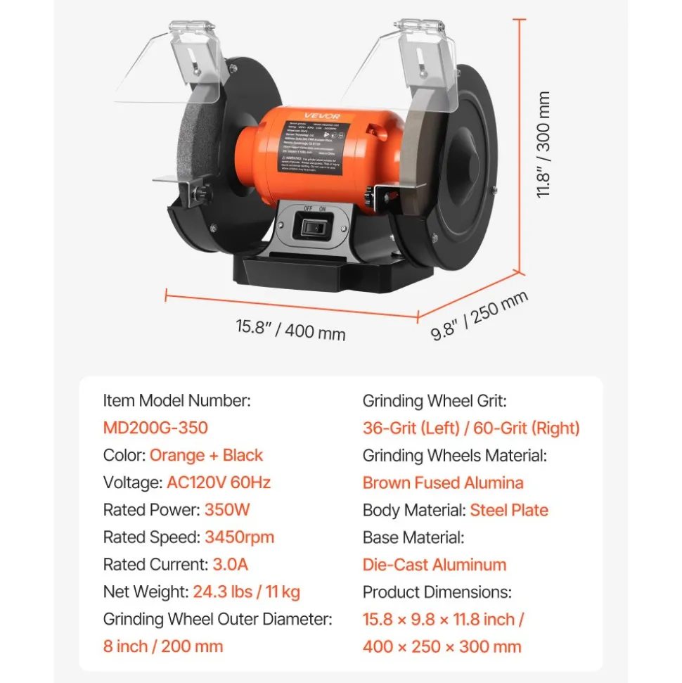 VEVOR Bench Grinder, 8-inch Single Speed Bench Grinder, 3450RPM High-Speed Table Grinders with 350W 3.0A Induction Motor, 36/60-Grit Grinding Wheel & Adjustable Eye Shield for Fast Sharpening Grinding