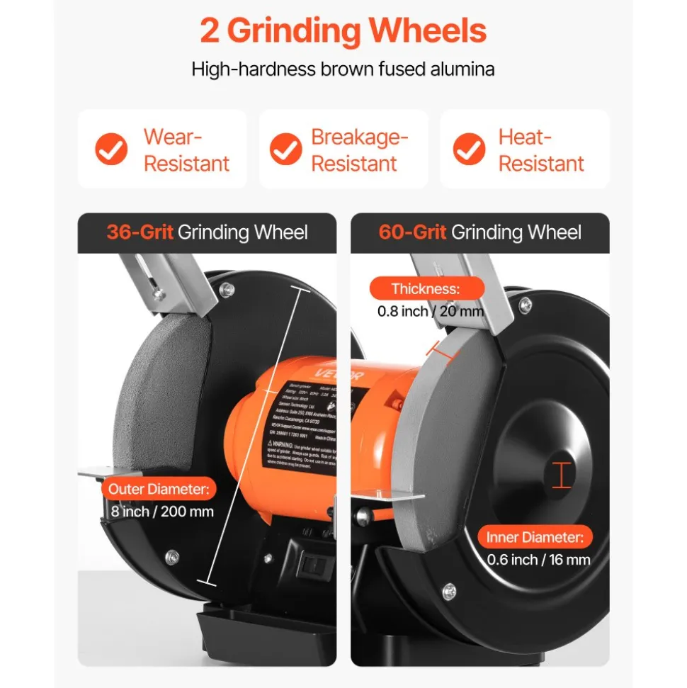 VEVOR Bench Grinder, 8-inch Single Speed Bench Grinder, 3450RPM High-Speed Table Grinders with 350W 3.0A Induction Motor, 36/60-Grit Grinding Wheel & Adjustable Eye Shield for Fast Sharpening Grinding