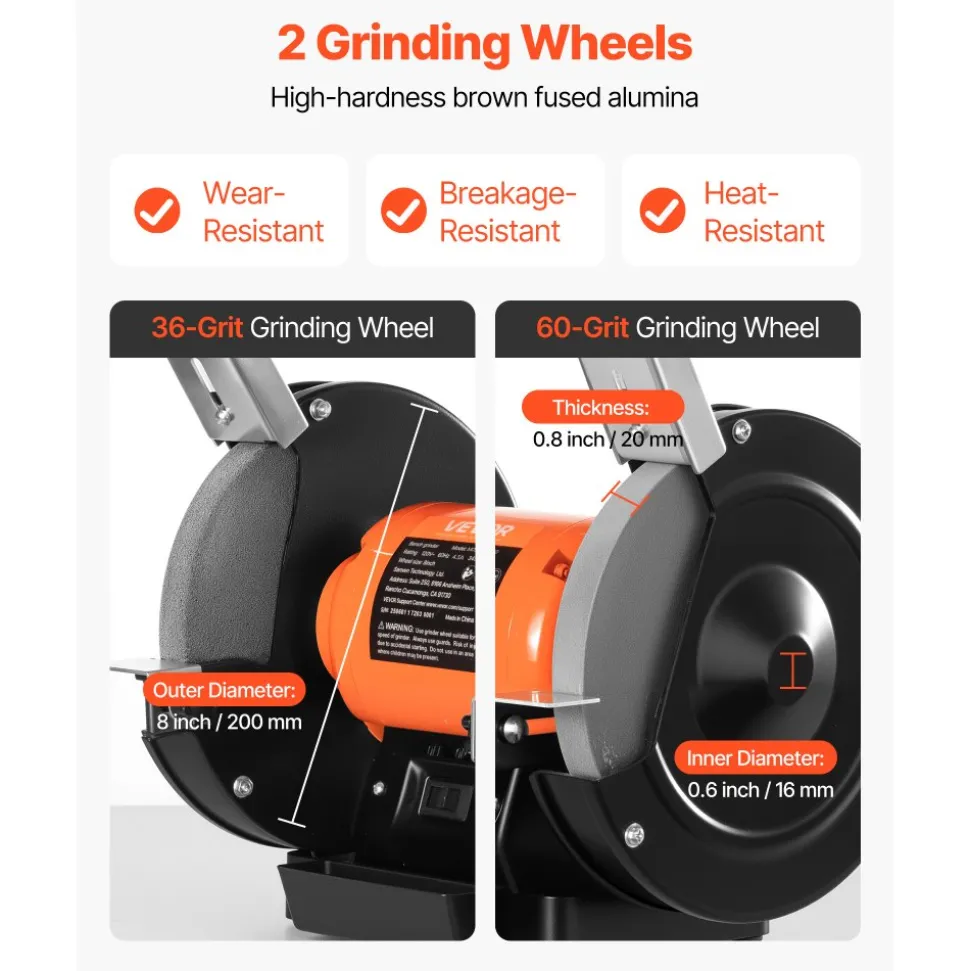 VEVOR Bench Grinder, 8-inch Single Speed Bench Grinder, 3450RPM High-Speed Table Grinders with 550W 4.5A Induction Motor, 36/60-Grit Grinding Wheel & Adjustable Eye Shield for Fast Sharpening Grinding