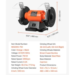 VEVOR Bench Grinder, 8-inch Single Speed Bench Grinder, 3450RPM High-Speed Table Grinders with 750W 6.2A Induction Motor, 36/60-Grit Grinding Wheel & Adjustable Eye Shield for Fast Sharpening Grinding