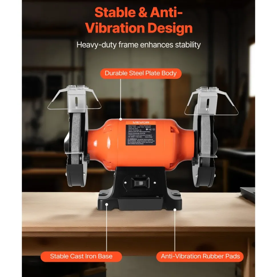 VEVOR Bench Grinder, 8-inch Single Speed Bench Grinder, 3450RPM High-Speed Table Grinders with 750W 6.2A Induction Motor, 36/60-Grit Grinding Wheel & Adjustable Eye Shield for Fast Sharpening Grinding