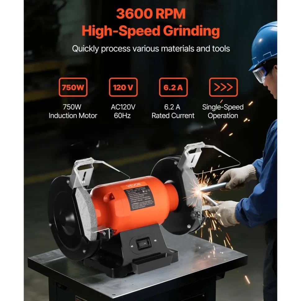 VEVOR Bench Grinder, 8-inch Single Speed Bench Grinder, 3450RPM High-Speed Table Grinders with 750W 6.2A Induction Motor, 36/60-Grit Grinding Wheel & Adjustable Eye Shield for Fast Sharpening Grinding