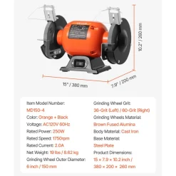 VEVOR Bench Grinder, 6-inch Single Speed Bench Grinder, 1750RPM Low-Speed Table Grinders with 250W 2A Induction Motor, 36/60-Grit Grinding Wheels & Adjustable Tool Rest for Precise Sharpening Grinding