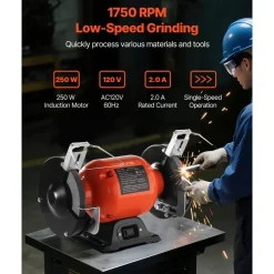 VEVOR Bench Grinder, 6-inch Single Speed Bench Grinder, 1750RPM Low-Speed Table Grinders with 250W 2A Induction Motor, 36/60-Grit Grinding Wheels & Adjustable Tool Rest for Precise Sharpening Grinding