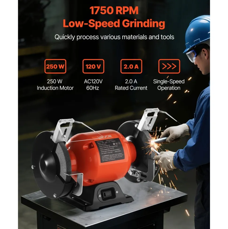 VEVOR Bench Grinder, 6-inch Single Speed Bench Grinder, 1750RPM Low-Speed Table Grinders with 250W 2A Induction Motor, 36/60-Grit Grinding Wheels & Adjustable Tool Rest for Precise Sharpening Grinding