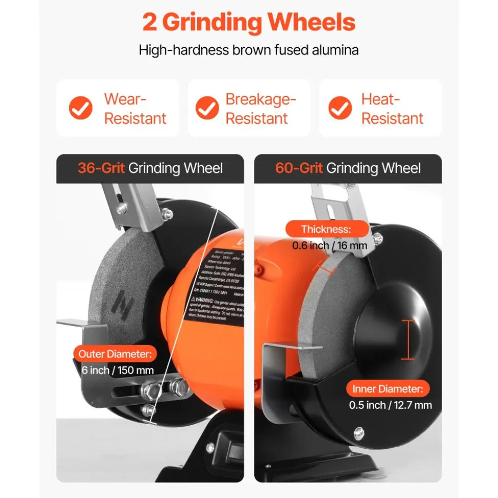 VEVOR Bench Grinder, 6-inch Single Speed Bench Grinder, 1750RPM Low-Speed Table Grinders with 250W 2A Induction Motor, 36/60-Grit Grinding Wheels & Adjustable Tool Rest for Precise Sharpening Grinding
