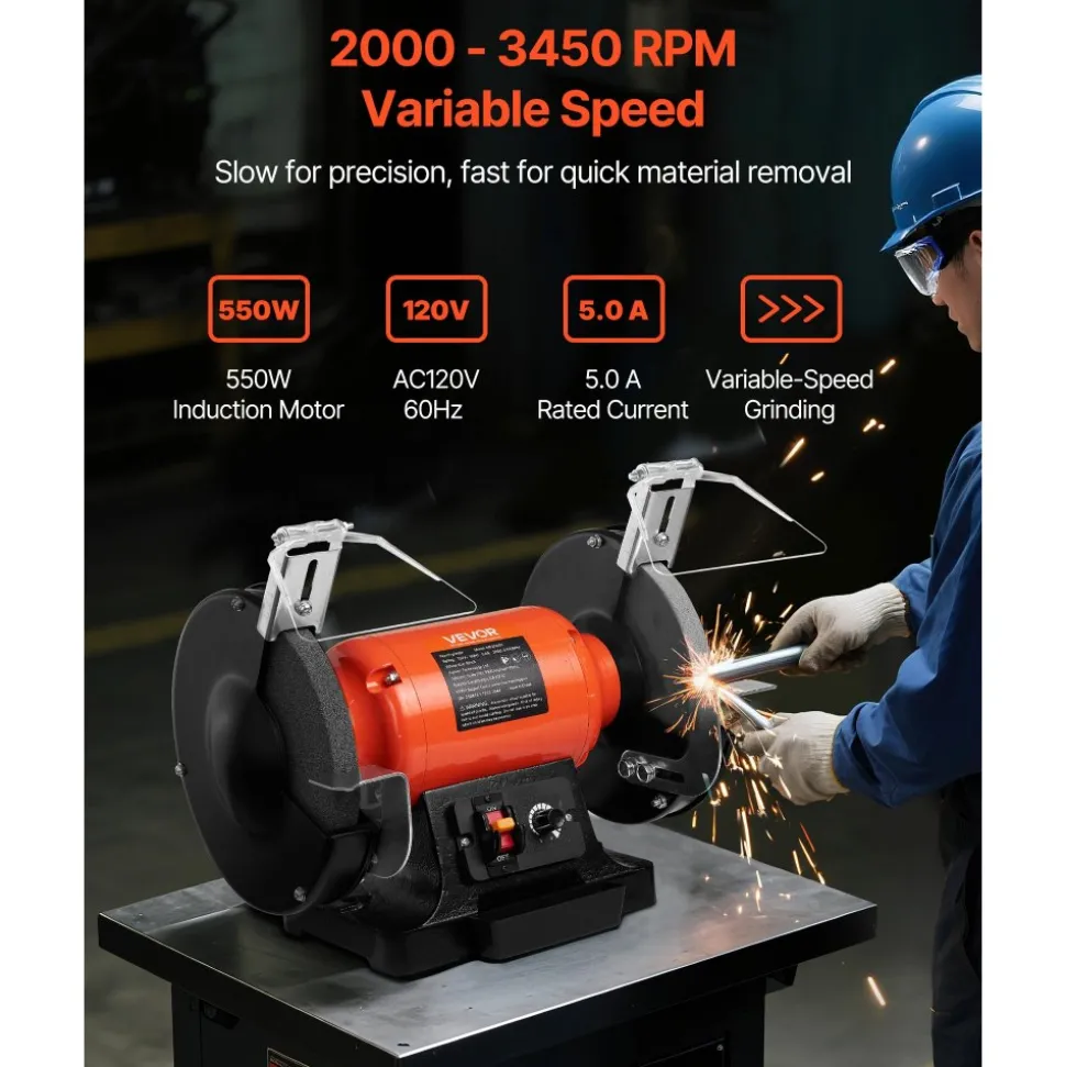 VEVOR Bench Grinder, 8-inch Variable Speed Bench Grinder, 2000-3450RPM Table Grinders with 550W 5.0A Induction Motor, 36/60-Grit Grinding Wheel & Adjustable Eye Shield for Sharpening Grinding