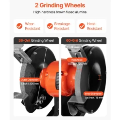 VEVOR Bench Grinder, 8-inch Variable Speed Bench Grinder, 2000-3450RPM Table Grinders with 550W 5.0A Induction Motor, 36/60-Grit Grinding Wheel & Adjustable Eye Shield for Sharpening Grinding