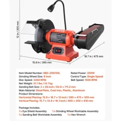 VEVOR 8" Bench Grinder & 2" x 28" Belt Sander Combo, 350W Professional Grinding Sanding Machine with LED Work Light & Protective Eye Shield for Metalworking, Woodworking, Knife Sharpening
