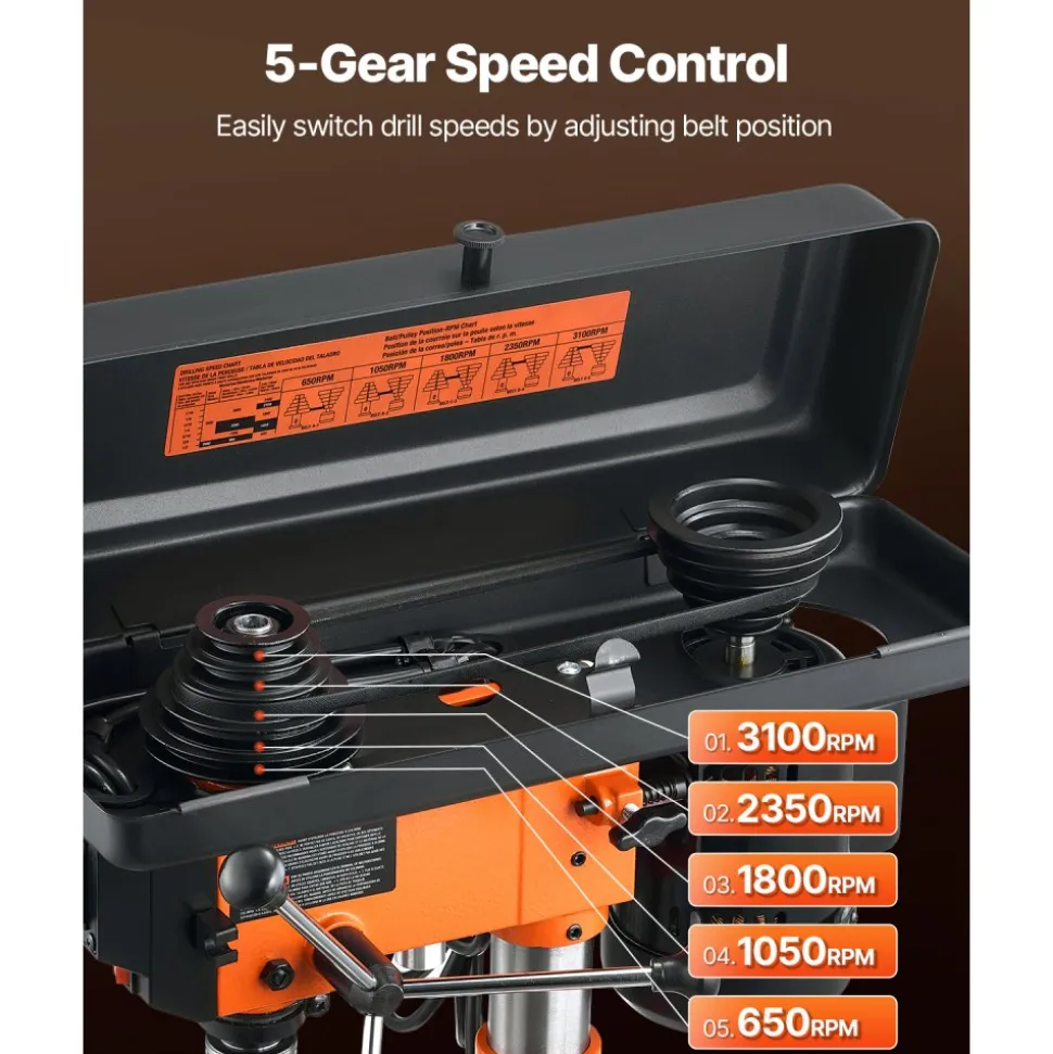 VEVOR Benchtop Drill Press, 3.2 Amp, 5-Speed Adjustable Drill Press with 650/1050/1800/2350/3100 RPM, 10-inch Swing, Cast Iron Frame, 0-45° Tiltling Worktable, Work Light, for Drilling Wood & Metal
