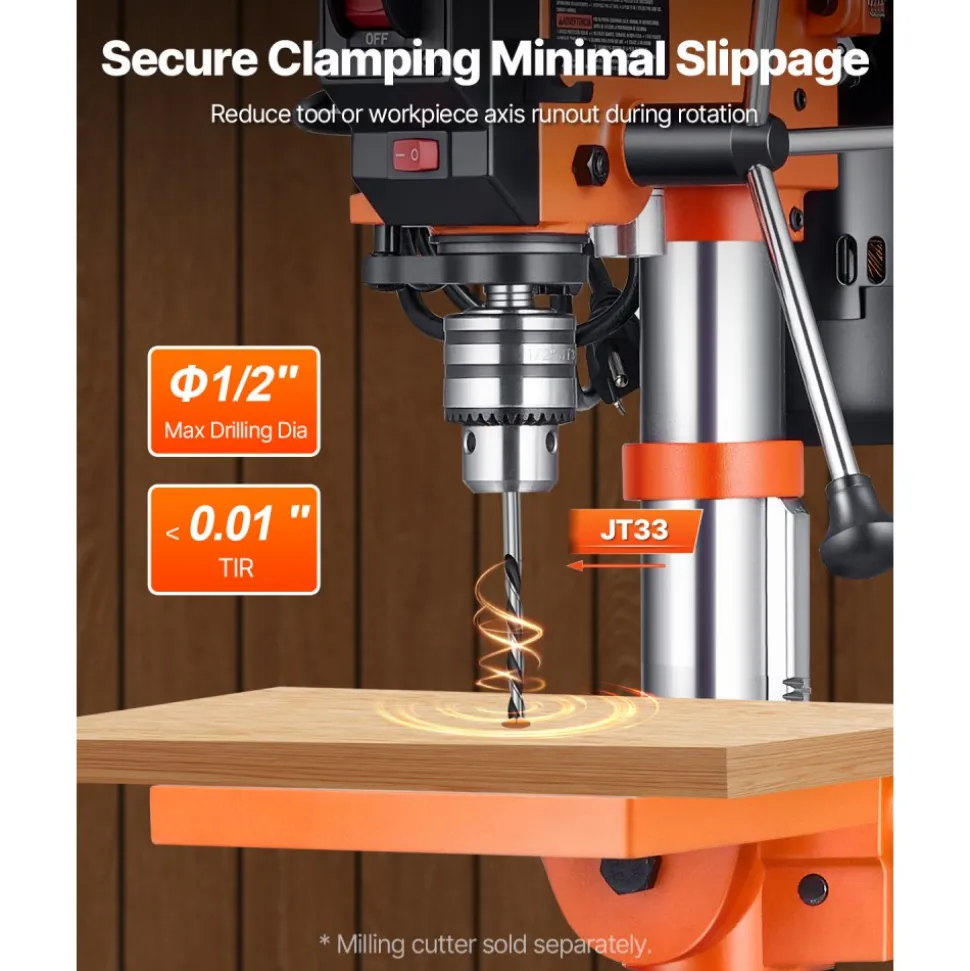 VEVOR Benchtop Drill Press, 3.2 Amp, 5-Speed Adjustable Drill Press with 650/1050/1800/2350/3100 RPM, 10-inch Swing, Cast Iron Frame, 0-45° Tiltling Worktable, Work Light, for Drilling Wood & Metal